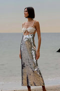 Silver Sequin Sexy Halter Backless Evening Dress