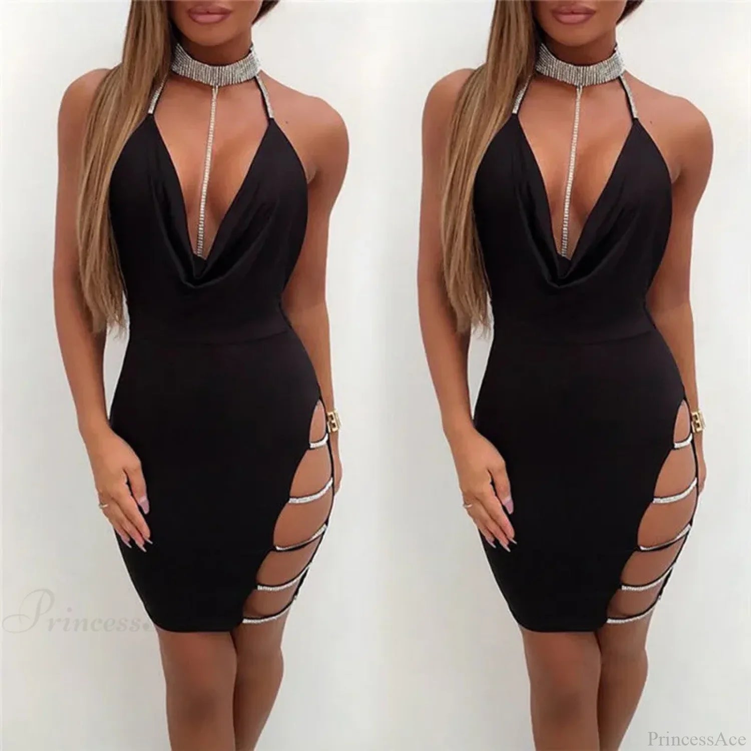 Silver Split Collar Mini Party Dress