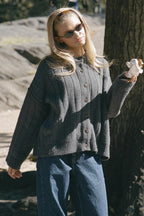 Simple Solid Rib Crewneck Oversized Cardigan Sweater