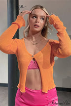 Single Button Crew Neck Solid Color Crop Long Sleeve Cardigan