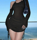 Skew Collar Drawstring Mini Dress