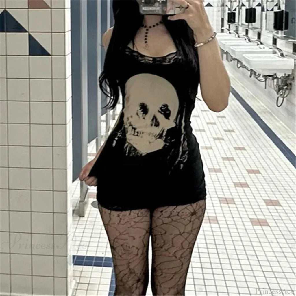 Skull Print Straps Tiny Dress