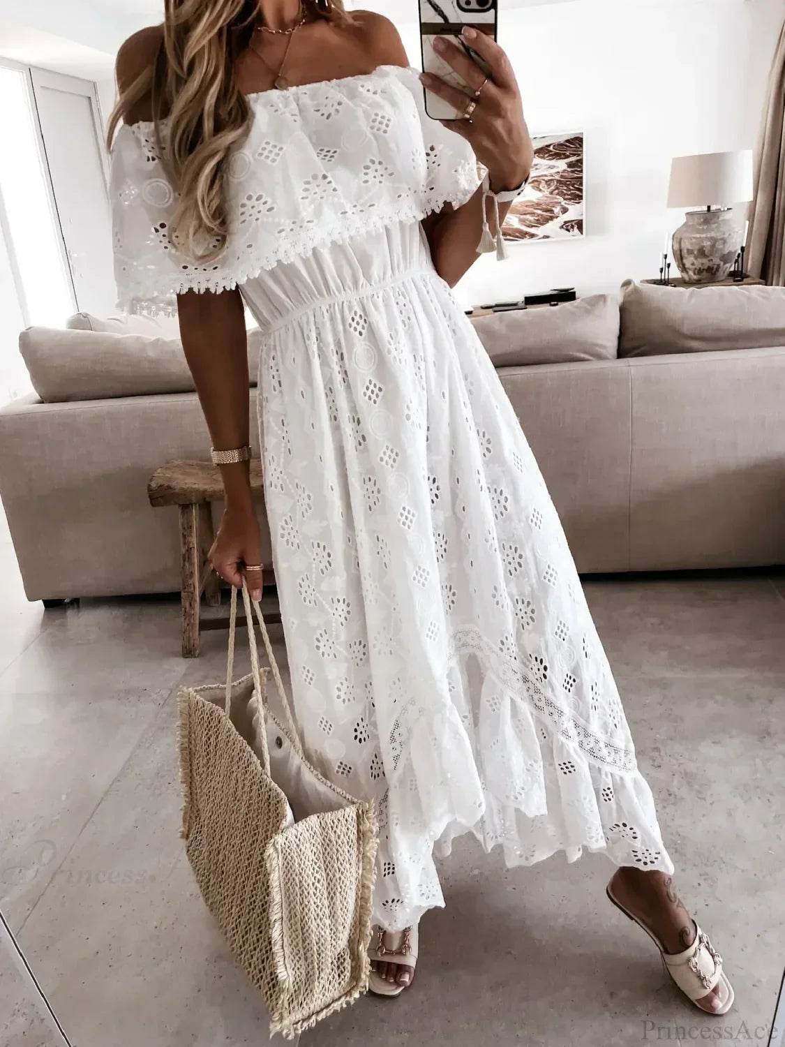 Slash Neck Embroidery Lace Hollow Out Maxi White Boho Dress
