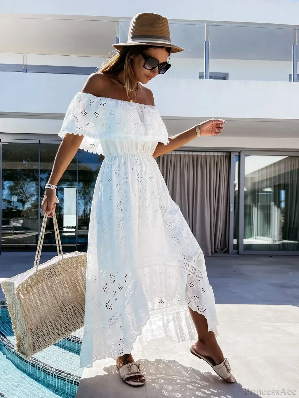 Slash Neck Embroidery Lace Hollow Out Maxi White Boho Dress