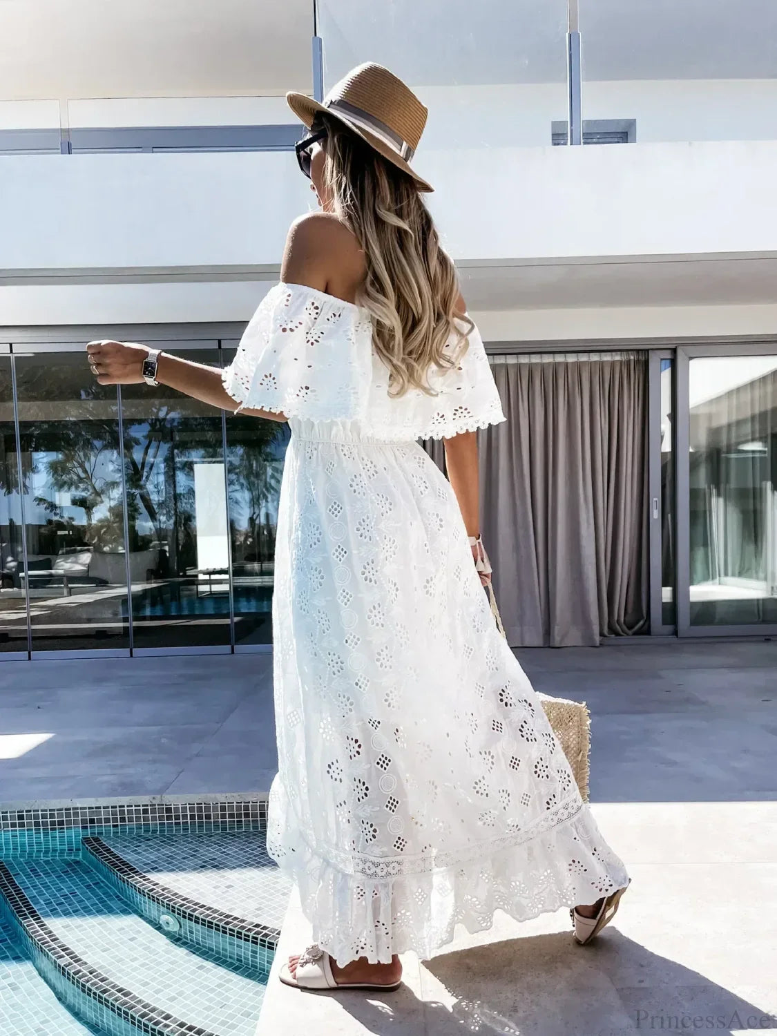 Slash Neck Embroidery Lace Hollow Out Maxi White Boho Dress