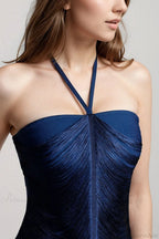 Sleeveless Halter Tassel Fitted Evening Dress
