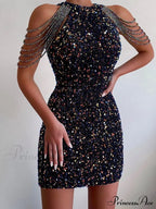 Sleeveless Off Shoulder Skinny High Waist Halter Chain Sequin Dress