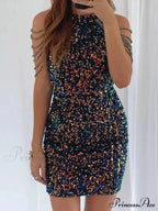 Sleeveless Off Shoulder Skinny High Waist Halter Chain Sequin Dress