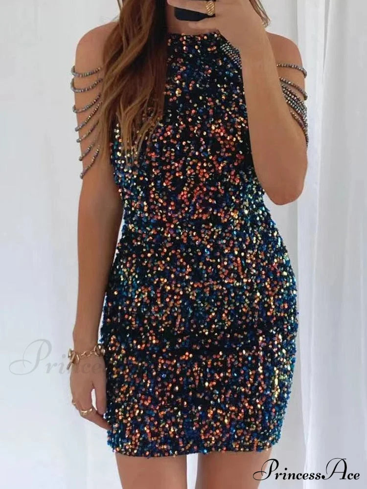Sleeveless Off Shoulder Skinny High Waist Halter Chain Sequin Dress