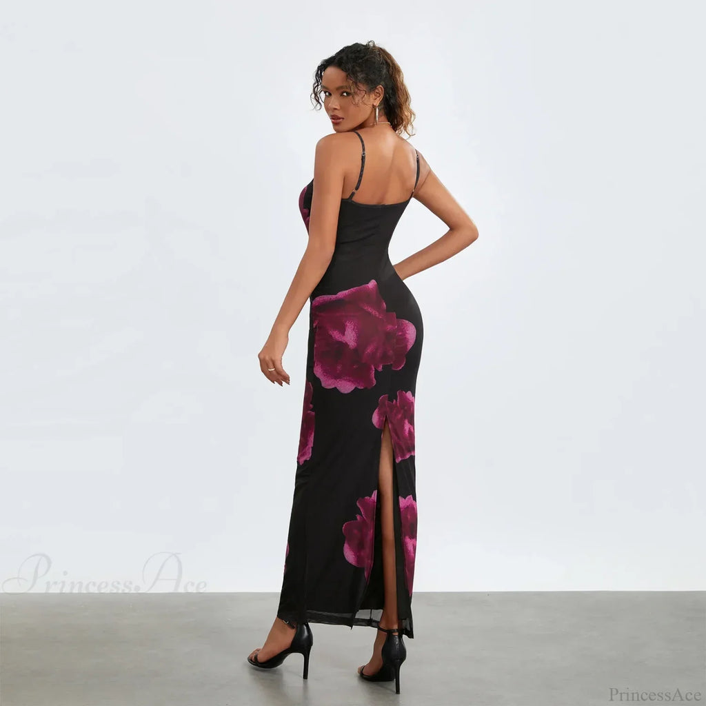 Sleeveless Spaghetti Strap Floral Split Back Hem Dress