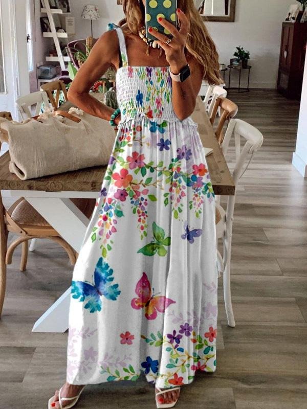 Sleeveless V Neck Butterfly Print Dress