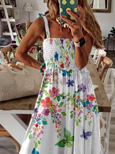 Sleeveless V Neck Butterfly Print Dress
