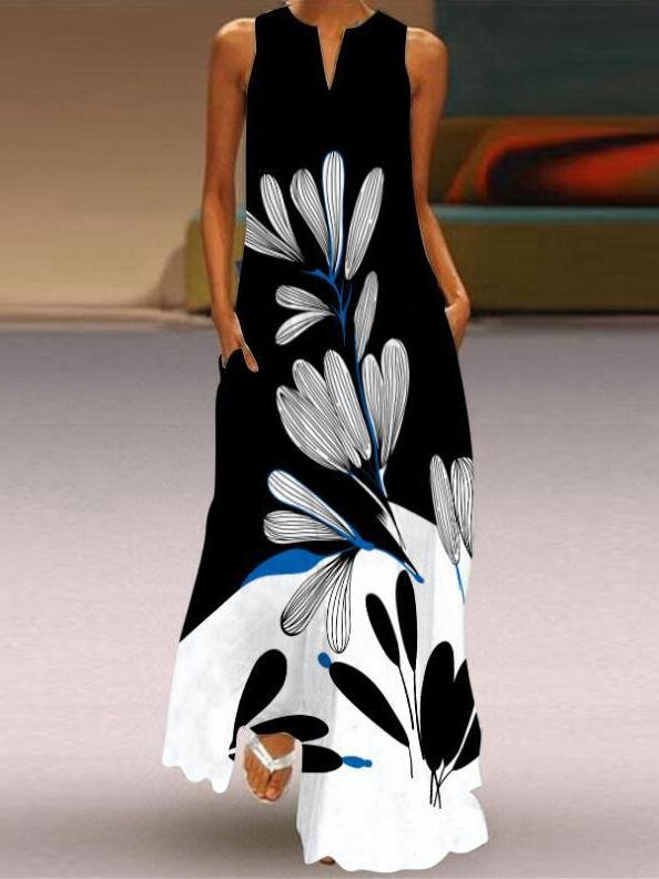 Sleeveless V neck Printed Flower Long Dress