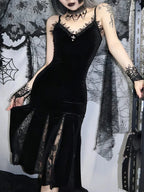 Sleeveless Velour Lace Patchwork Midi Dress