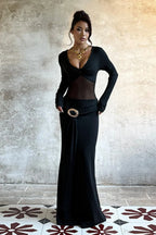 Slim Deep V Mesh Spliced Elegant Maxi Dress