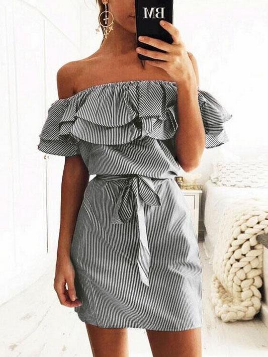 Slim fit Lace up Dress With Ruffled Stripes