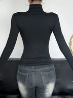 Slim Hollow Out Turtleneck Solid Long Sleeve Knit Top