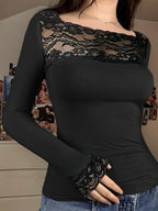 Slim Lace Trim Patchwork See-Through Slash Neck Long Sleeve Knit Top