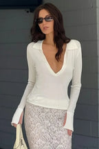 Slim Polo Neck Solid Minimalist Long Sleeve Tee