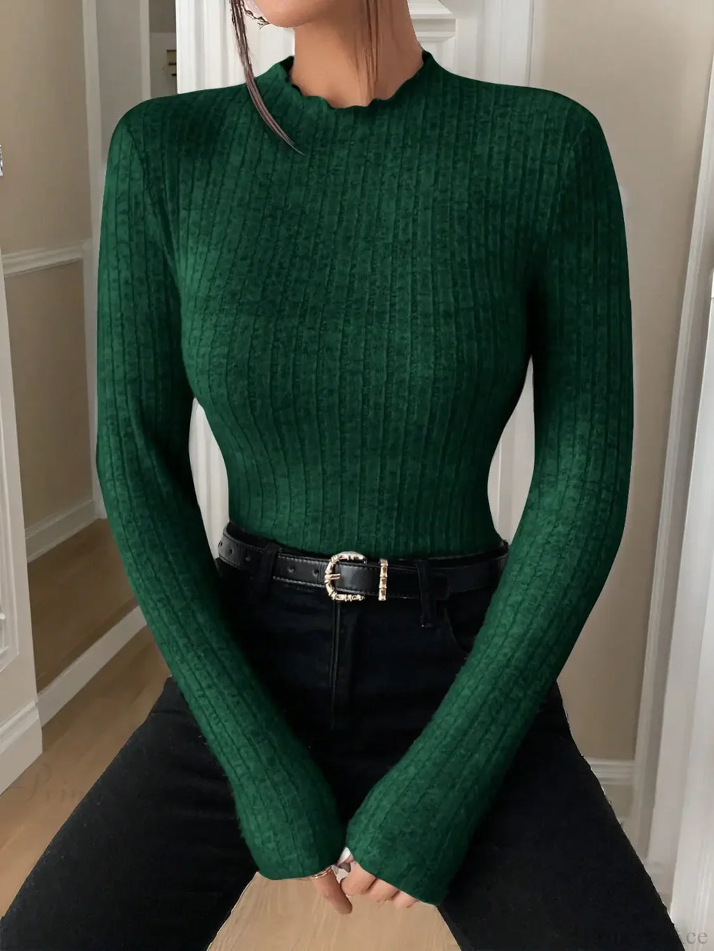 Slim Ruffle Neck Lace Mid-Collar Striped Sweater Knit Top Women