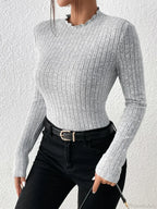 Slim Ruffle Neck Lace Mid-Collar Striped Sweater Knit Top Women