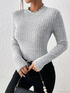 Slim Ruffle Neck Lace Mid-Collar Striped Sweater Knit Top Women