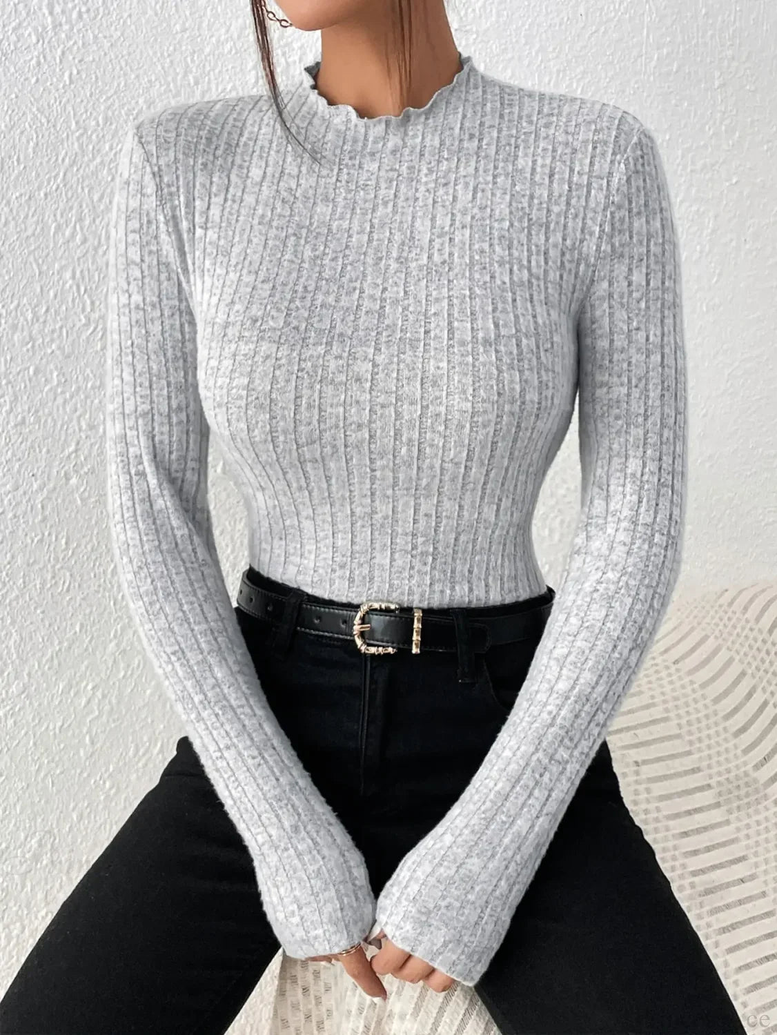 Slim Ruffle Neck Lace Mid-Collar Striped Sweater Knit Top Women