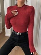 Slim Ruffle Neck Lace Mid-Collar Striped Sweater Knit Top Women