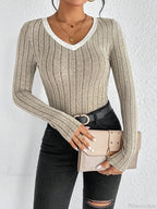 Slim Sexy V-Neck Neck Edge Clash Pullover Top Women