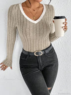 Slim Sexy V-Neck Neck Edge Clash Pullover Top Women