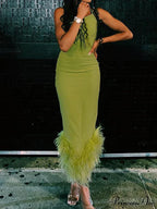 Slim Sleeveless Maxi Spaghetti Strap Backless Green Elegant Club Party Bodycon Dress