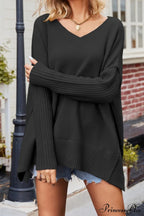 Slit Side Pullover Neck V Sweater