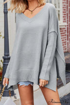 Slit Side Pullover Neck V Sweater