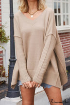 Slit Side Pullover Neck V Sweater