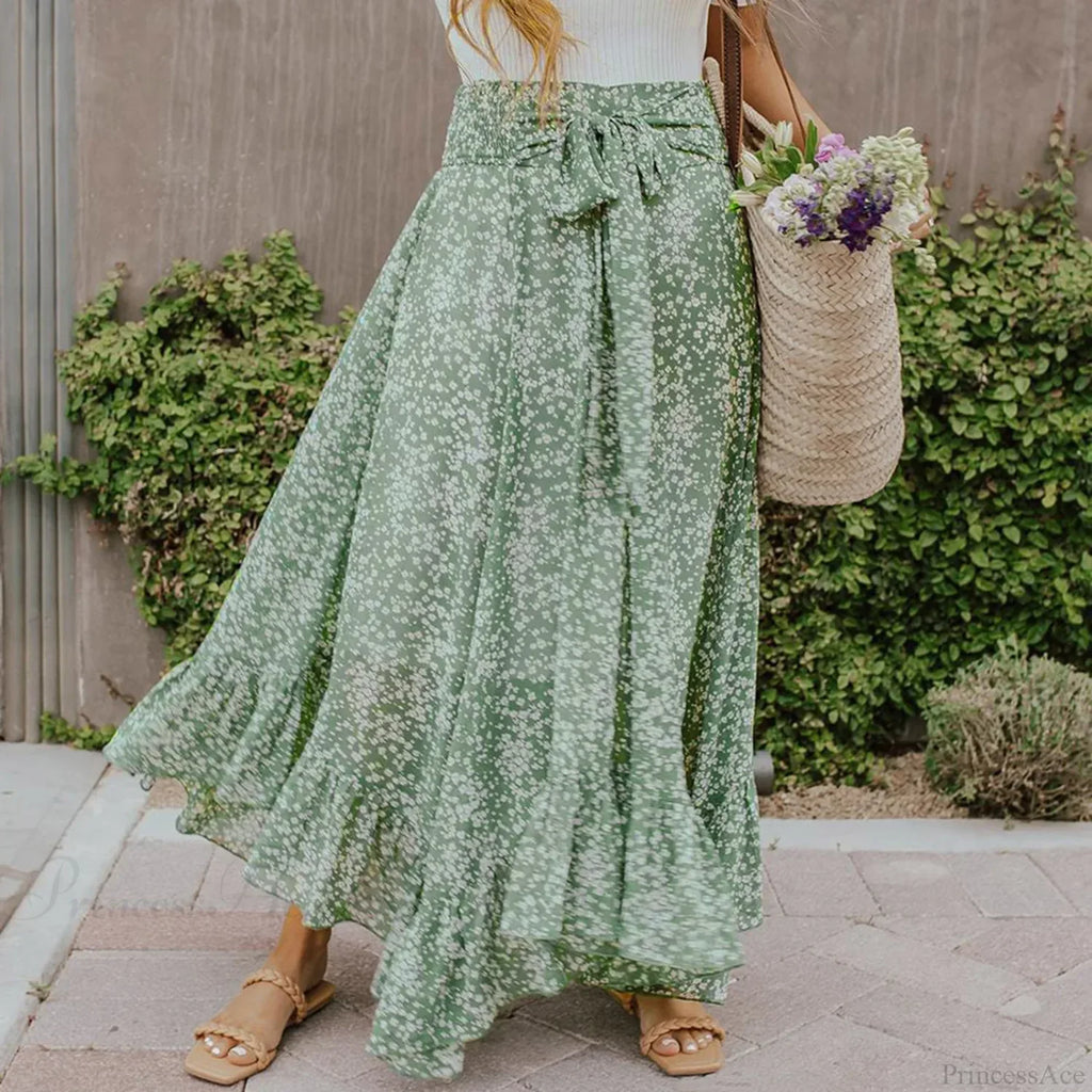 Small Floral Ruffle Korean Style High Waist Swing Long Skirt