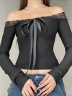 Solid Bow Patchwork Lace Slash Neck Long Sleeve Knit Top
