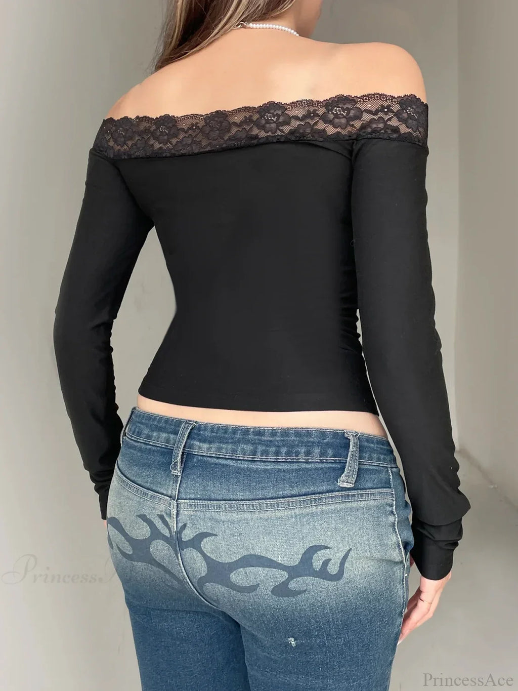 Solid Bow Patchwork Lace Slash Neck Long Sleeve Knit Top