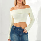 Solid Color Boat Neck Crop Sweater