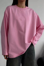 Solid Color Crew Neck Loose Casual Long Sleeve Tee