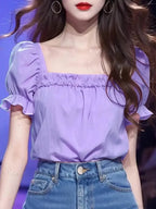 Solid Color Ruffled Square Neck Short Sleeve Blouse