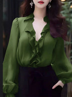 Solid Color Ruffled V-neck Lantern Sleeve Blouse