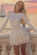 Solid Crew Neck Slim High Waist Puff Mini Dress