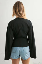 Solid Crew Neck Wide Sleeve Waist Cinched Long Sleeve Tee