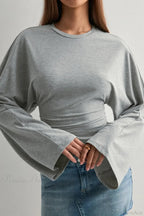 Solid Crew Neck Wide Sleeve Waist Cinched Long Sleeve Tee