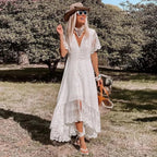 Solid Floral Short Sleeve Boho Dress