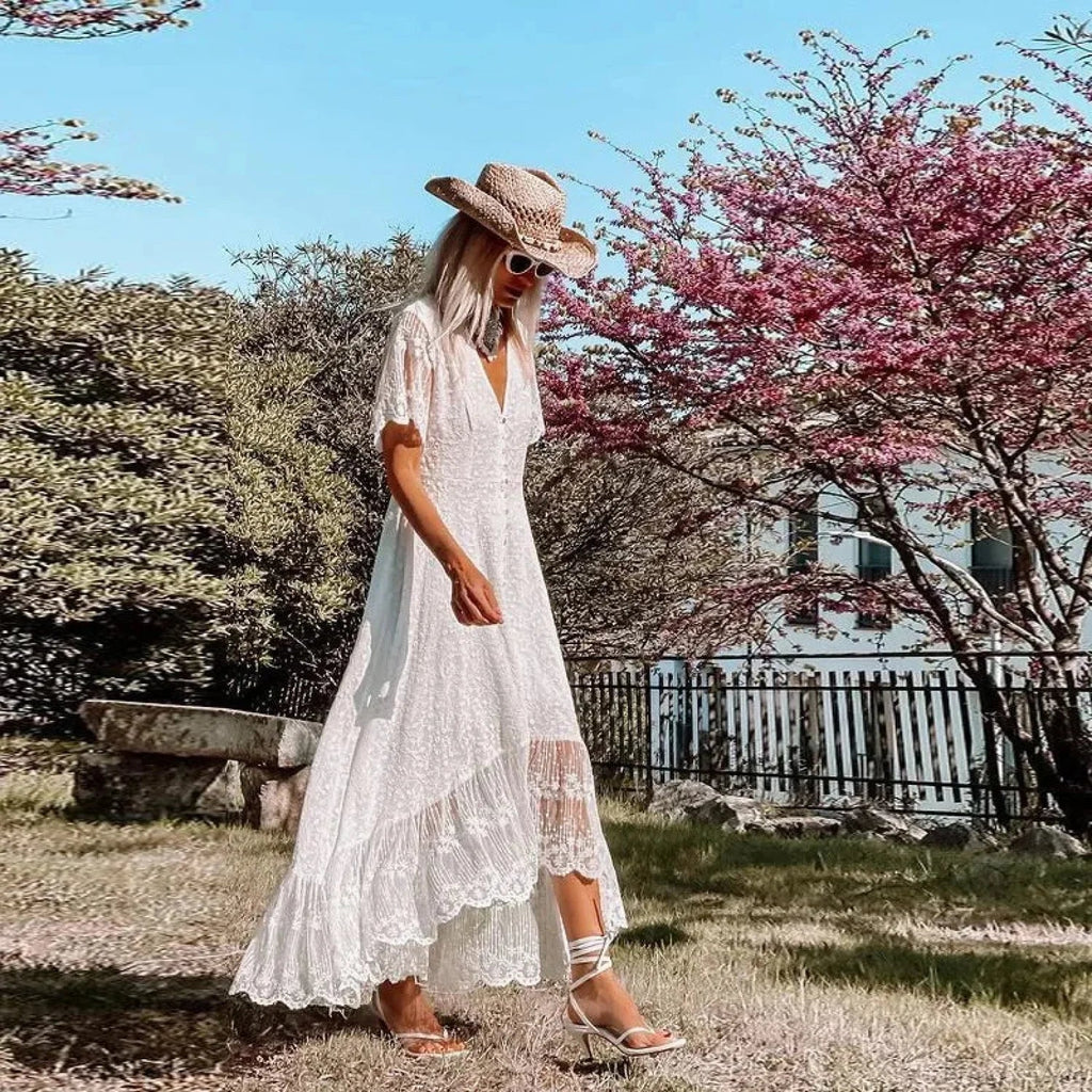 Solid Floral Short Sleeve Boho Dress