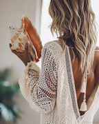 Solid Full Sleeve Hollow Out Sexy V-neck Mini Boho Dress