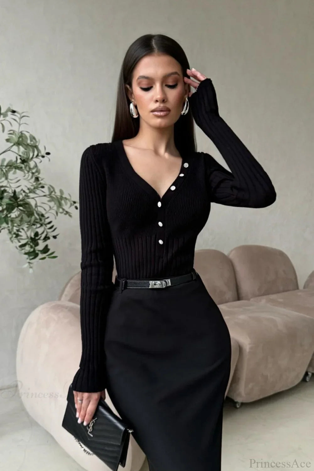 solid Knit Half Placket Slim Long Sleeve Tee