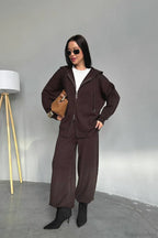 Solid Knit hooded Straight-Leg Two Piece Set