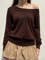 Solid Knitted Slash Neck Long Sleeve Pullover Sweater